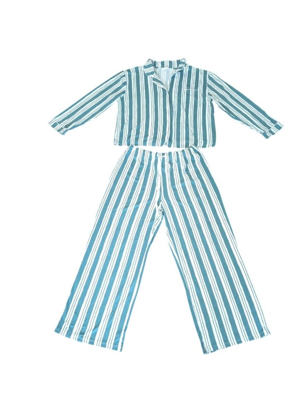 Honeydew Women's 1X/2X Striped Pajama Set Button-Up Wide Leg Long-sleeveTeal Whi